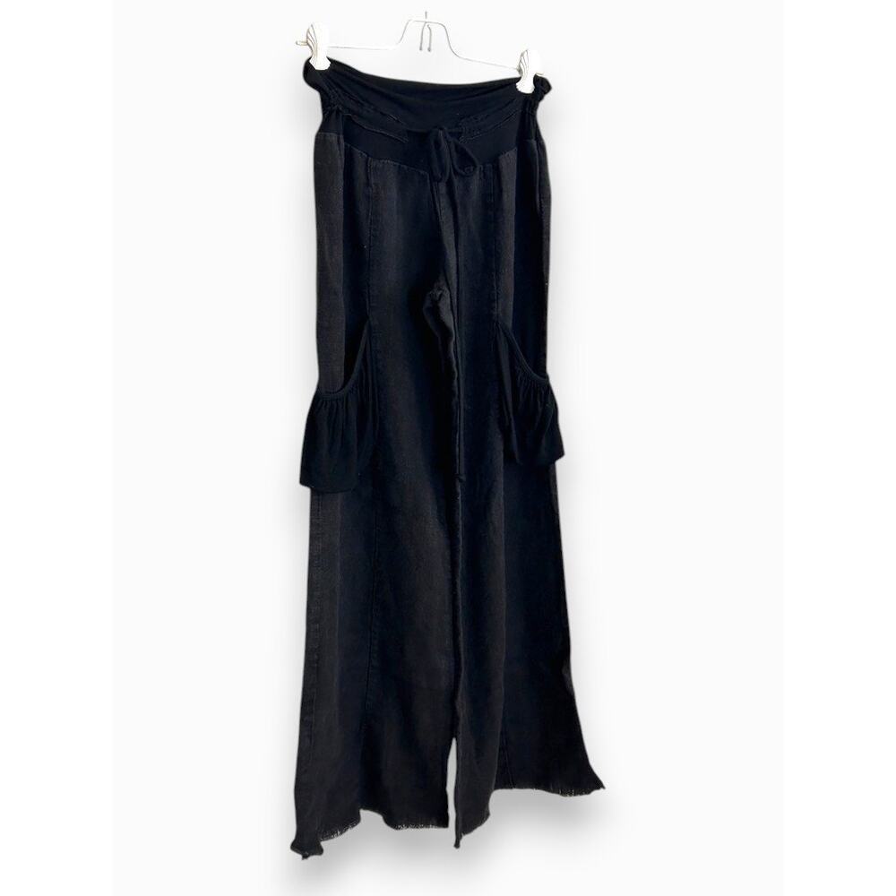 Y2k Avita Black Linen Wide Leg Crgo Pants, XS/S